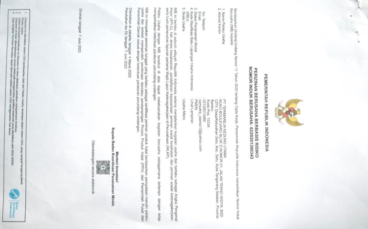 Sertifikat Nomor Induk Berusaha TKU dari OSS